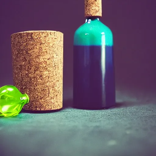 Image similar to small potion with a cork top filled with a green and turquoise gradient liquid, on a desk, old film photo