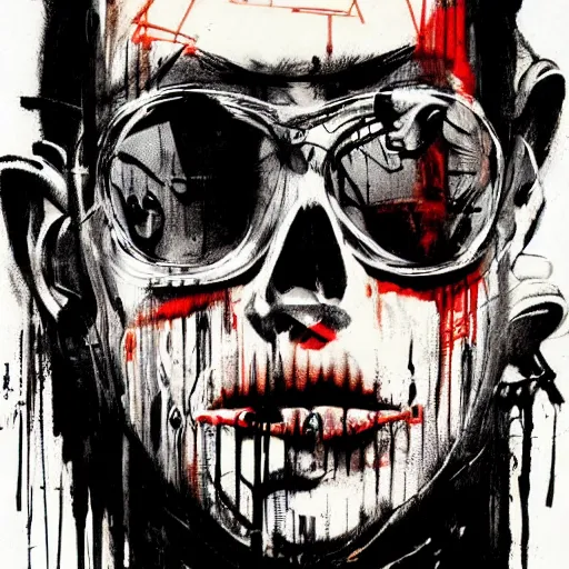 Image similar to Graphic Illustration, Creative Design, Skull, techwear, Cyberpunk, Portrait, Character Design, graffiti, by Ralph Steadman, Francis Bacon, Hunter S Thompson