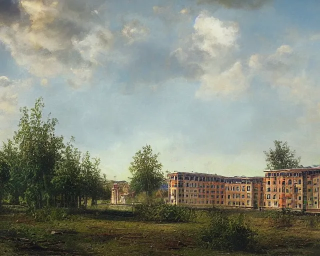 Image similar to beautiful matte painting of cute soviet block of flats hrushevka in end of forest by ivan shishkin,