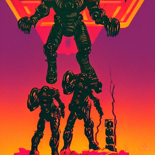 Image similar to Doom guy standing on top of a heap of demon skulls dripping with death, synthwave, vintage comic