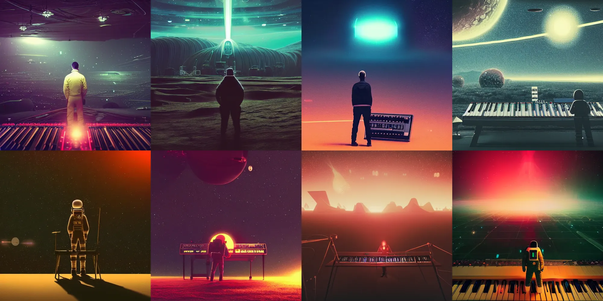 Prompt: beautiful dark landscape, astronaut standing looking at a giant old analog synthesizer with keyboard, in the style of beeple and Mike Winkelmann, intricate, epic lighting, cinematic composition, hyper realistic, 8k resolution,