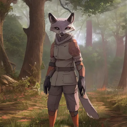 Prompt: concept art painting of an anthropomorphic gray fox wearing a tunic, in the deep forest, realistic, detailed, cel shaded, in the style of makoto shinkai and greg rutkowski and james gurney