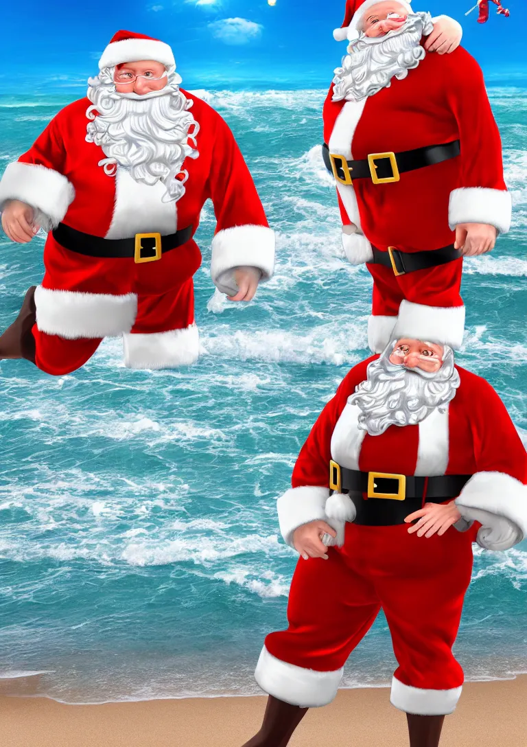 Image similar to santa claus wearing shorts surfing on the beach, 3d rendering of photo realistic image, super detailed, 4K,cinematic look