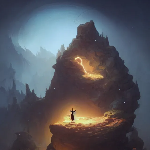 Image similar to in the style of peter mohrbacher, a glowing monk floating and meditating on a rock, dystopian landscape, intricate, masterpiece, award winning, fantasy, hyperrealism intricate