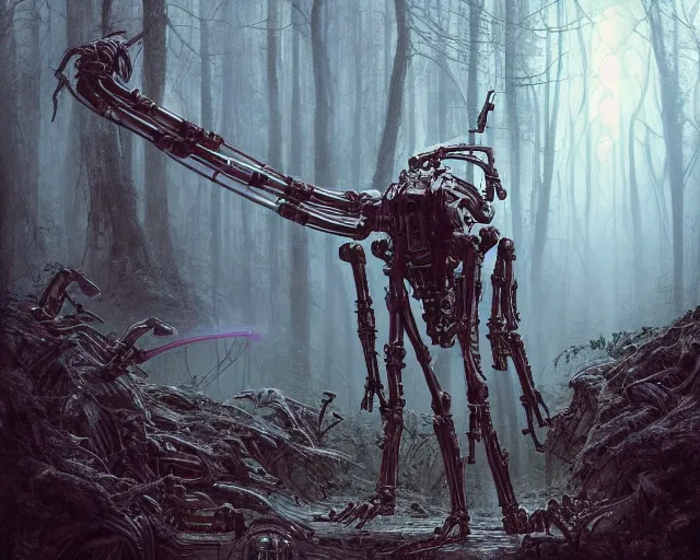 Prompt: photo of general grievous with heavy duty biomechanical hydraulic cybernetic body and 4 arms holding active lightsabers in the forest. cyberpunk horror style. highly detailed 8 k. intricate. nikon d 8 5 0 5 5 mm. award winning photography. art by hr giger and zdzislaw beksinski in the style of hzd