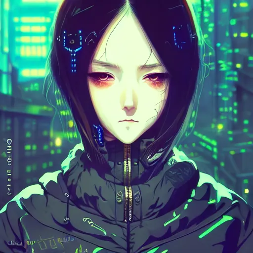 Image similar to by kyoto animation, cool girl wearing cyberpunk intricate streetwear, beautiful, detailed symmetrical close up portrait, intricate complexity, in the style of artgerm and ilya kuvshinov, cell shaded, 4 k, concept art, by wlop, krenz cushart, greg rutkowski, pixiv. cinematic dramatic atmosphere, cinematic lighting, studio quality