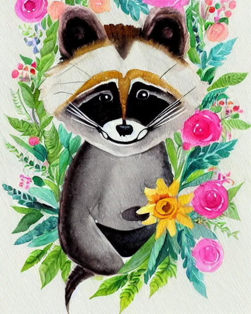 Image similar to a painting of a smiling anthropomorphic raccoon wearing a flower crown, a watercolor painting by annabel kidston, a storybook illustration, trending on pinterest, rococo, muted colors, soft colors, low saturation, smooth, made of flowers, watercolor, intricate, whimsical, white paper, minimalist, simple