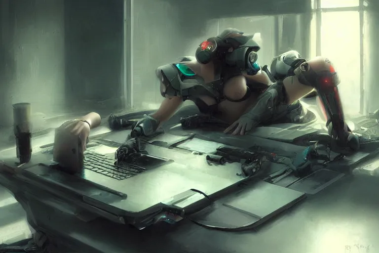 Image similar to !dream a kitten cyborg coding on a laptop, cyberpunk atmosphere, by Ruan Jia