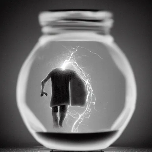 Prompt: tiny man trapped in a jar, light by shaft of coruscating sunlight, Award Winning Masterpiece On 85mm by Simon Bruntnell