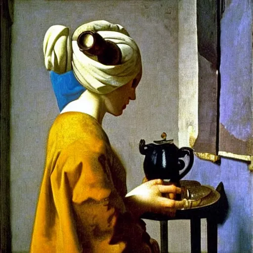 Image similar to vermeer\'s milkmaid reimagined by salvadore dali