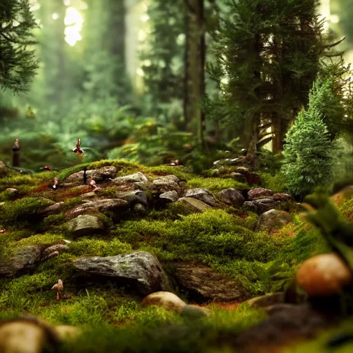 Image similar to a dense forest ecosystem, miniaturized, on a tabletop, in a spaceship, artstation, cgsociety, photorealistic octane render, insanely detailed, bokeh, 4 k, 8 k