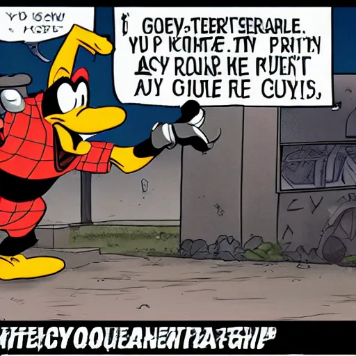 Image similar to goofy fights against the patriarchy in a post apocalyptic city