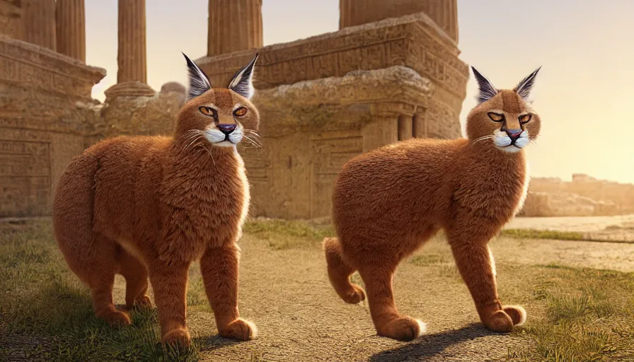 Image similar to wooden barrel on one side, fullbody photo of cute fluffy caracal in it, ancient greek city, sunny day, by ilya kuvshinov, rtx rendering, octane render 1 2 8 k, maya, extreme high intricate details by tom bagshaw, medium shot, close up shot, composition by sana takeda, lighting by greg rutkowski