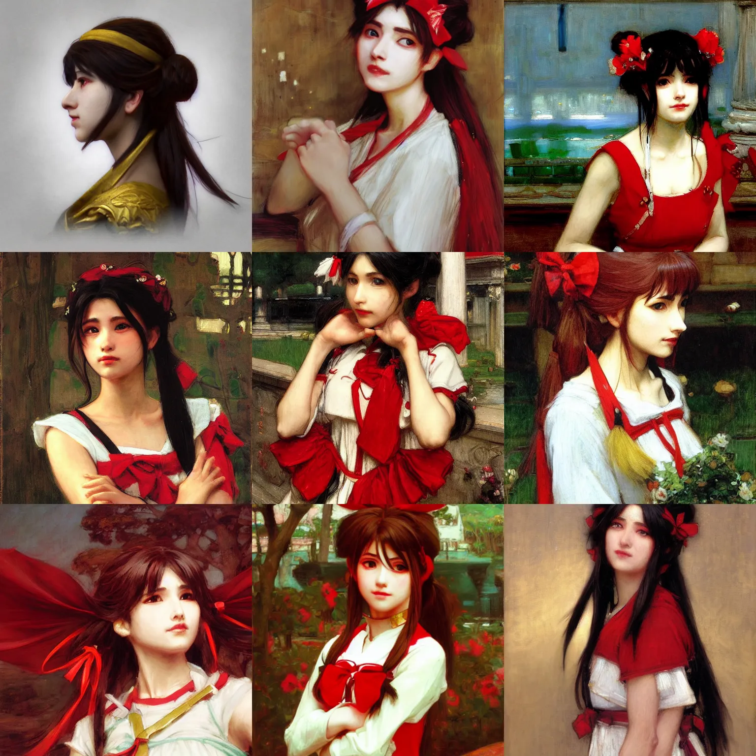 Prompt: a portrait painting of reimu hakurei, by john william waterhouse, marble, gold, unreal engine 5