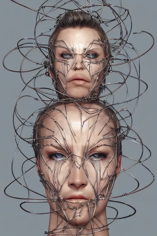 Image similar to organic cyborg head wrapped in barb wire by Hajime Sorayama and Jamie Coreth, trending on artstation, centered, symmetrical, electric hair, bilateral symmetry, 80s poster, polished, thick smoke, retro dark vintage sci-fi, 2D matte illustration