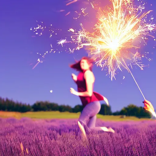 Prompt: girl running in a grassy field with sparklers in both hands raising them up, anime, midnight, only light source are the sparklers, extremely detailed, particles, lavender flowers, stars, moon,