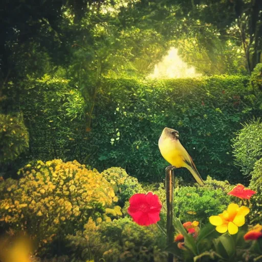 Prompt: A photo of a bird in the middle of a garden, 8K concept art, dreamy, garden, bushes, flowers, golden hour, vintage camera, detailed, UHD realistic faces, award winning photography, cinematic lighting