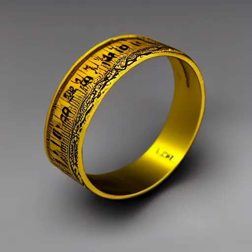 Image similar to the ring from lord if the rings with an imprinted ruler, cm scale imprinted on the inside of the ring, one ring to rule them all, highly detailed, 8 k, trending on artstation, mystic, rpg artwork