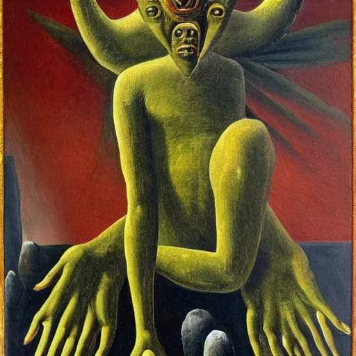 Image similar to a painting of a strange mythical beast with hands replaced by feet and the feet replaced with hands, in the style of Max Ernst