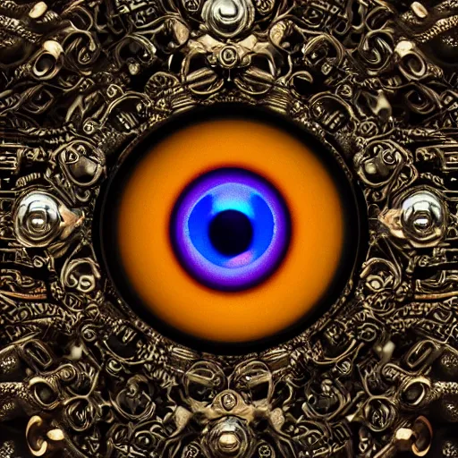 Prompt: a macro photo of a mechanical eye, close - up, large intricate iris with gears inside, intricate details, intricate gears and lenses, intricately detailed engravings, intricately detailed markings, intricate textures, warm lighting, vivid colors, realistic octane render, hyper realistic render, volumetric shading, depth of field, raytracing, 8 k,
