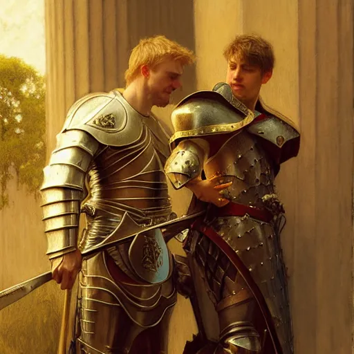 Image similar to attractive arthur pendragon and his attractive male knight, they are in love, natural lighting, path traced, highly detailed, high quality, digital painting, by gaston bussiere, craig mullins, alphonse mucha j. c. leyendecker