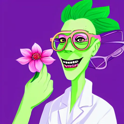 Prompt: A pretty green-skinned woman plant hybrid with giant pink flower petals instead of hair, wearing a white lab coat, evil mad scientist with big glasses, smug evil grin expression. high quality award winning character design, digital art