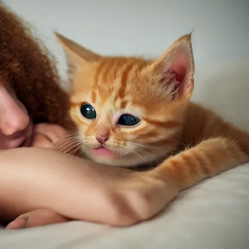 Image similar to an orange tabby kitten and a girl with curly blonde hair cuddling on a bed, photorealistic