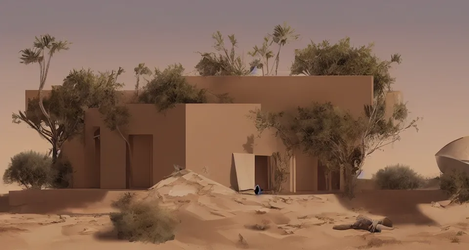 Image similar to contemporary house in the sahara desert, greg rutkowski, 4 k, matte painting, concept art, artstation