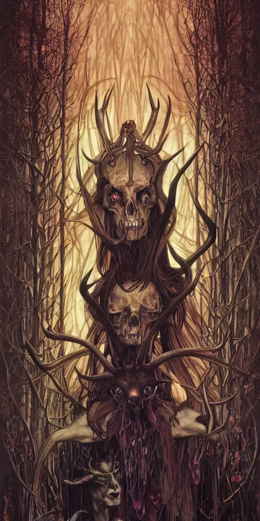 Image similar to intense glowing black metal pagan god with antlers and intense glowing eyes with a goat skull in very dark forest by karol bak and josan gonzales and moebius and alphonse mucha, portrait, studio muti, malika favre, rhads, makoto