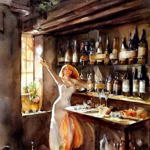 Image similar to beautiful blonde in hot dress in a wine cellar, food, pork, beer, schnapps, rustic, traditional, torches on the wall, watercolor by vladimir volegov and anders zorn, highly detailed, beautiful interior, masterpiece