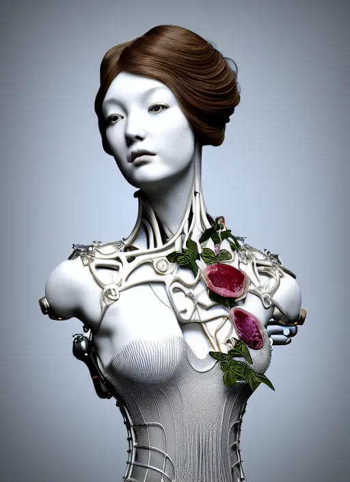 Prompt: complex 3d render ultra detailed of a beautiful porcelain profile young woman face, biomechanical cyborg, 150 mm lens, beautiful studio soft light, rim light, silver lemon details, magnolia big lemon and stems, roots, fine foliage lace, mesh wire, Alexander Mcqueen high fashion haute couture, art nouveau fashion embroidered, steampunk, intricate details, hyper realistic, ultra detailed, mandelbrot fractal, anatomical, facial muscles, cable wires, microchip, elegant, octane render, H.R. Giger style, volumetric lighting, 8k post-production