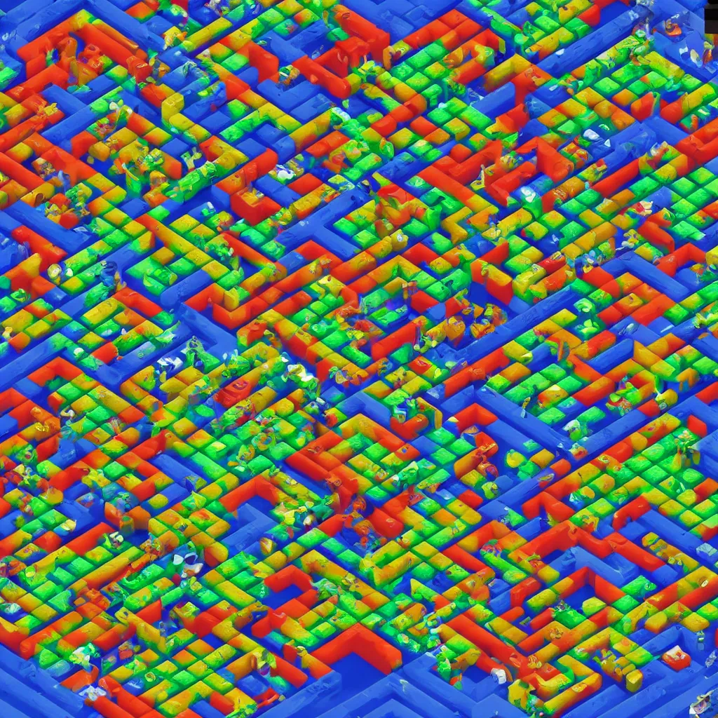 Image similar to wimmelbilder maze made of space invaders, arcade, 8 - bit, isometric, very sharp