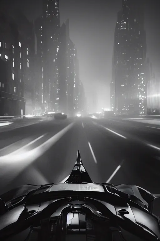 Prompt: the batmobile driving through gotham city at night. fluorescent light. pov from behind the wheel. octane render. 8 k. monochrome. black and white. mist. atmospheric. cinematic. hdr, raytracing, global illumination. a matte painting by ash thorp.