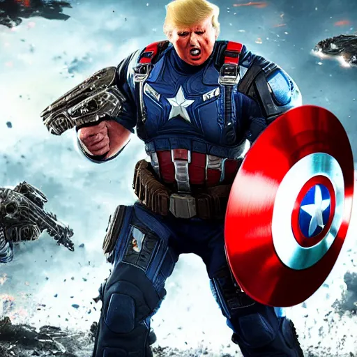 Prompt: Donald Trump as ((captain america)) in Gears of War, patriotic, splash art, movie still, cinematic lighting, dramatic, octane render, long lens, shallow depth of field, bokeh, anamorphic lens flare, 8k, hyper detailed, 35mm film grain