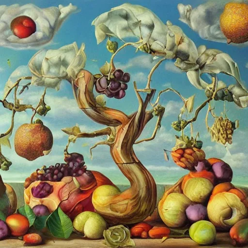 Image similar to forbidden fruit, surrealism, oil on canvas, high detail, masterpiece