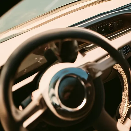 Image similar to cat behind the steering wheel of a cabriolet, seen from above, golden hour, front top side view, golden ratio, idyllic setting