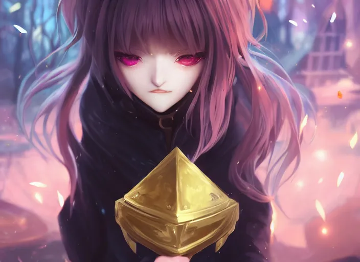 Prompt: a pale anime girl playing chess, league of legends, with golden eyes, straight sky blue hair, long bangs, black jacket, high collar, concept art, award winning photography, digital painting, cinematic, by wlop, anime key visual, wlop, 8 k, by ross tran, tom bagshaw, andy warhol