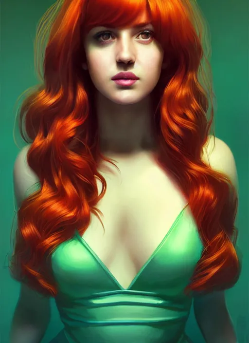 Image similar to full body portrait of teenage cheryl blossom, bangs, green eyes, mischievous expression, red hair, sultry smirk, bangs and wavy hair, intricate, elegant, glowing lights, highly detailed, digital painting, artstation, concept art, smooth, sharp focus, illustration, art by wlop, mars ravelo and greg rutkowski