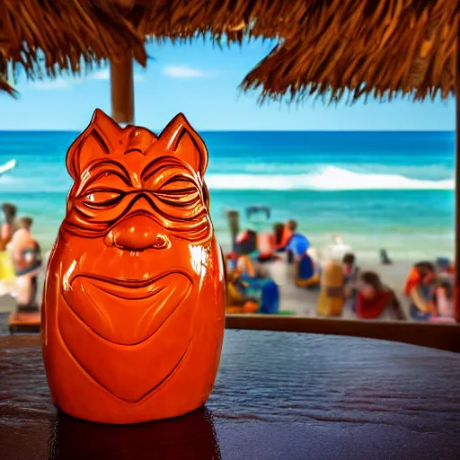 Image similar to a closeup photorealistic photograph of a glossy orange cat garfield style tiki mug sitting at a trader vic's beach bar featuring garfield's face. tiki theme. bright scene. fine detail. this 4 k hd image is trending on artstation, featured on behance, well - rendered, extra crisp, features intricate detail, epic composition and the style of unreal engine.