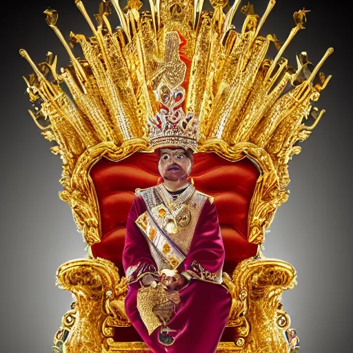 Image similar to a real duck king sitting on a gold throne decorated with many rubies and diamonds, duck king is wearing a gold crown and gold necklace, super realistic, 4k