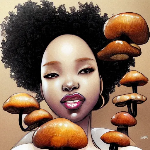 Image similar to black woman with afro serving mushrooms by artgerm yoshitaka amano