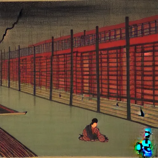 Prompt: a chinese prison near a river by peter doig : : 1 and ukiyo - e : : 0. 1, muted colors