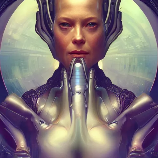 Image similar to borg seven of nine from another dimension, cinematic lighting, intricate, elegant, highly detailed, digital painting, artstation, sharp focus, illustration, art by artgerm and greg rutkowski and alphonse mucha and Wayne Barlowe and william-adolphe bouguereau