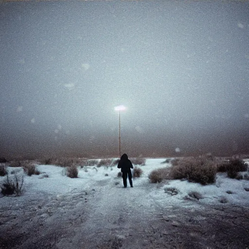 Image similar to photo of shiprock, new mexico during a snowstorm. a old man in a trench coat and a cane appears as a hazy silhouette in the distance, looking back over his shoulder. cold color temperature. blue hour morning light, snow storm. hazy atmosphere. humidity haze. kodak ektachrome, greenish expired film, award winning, low contrast,