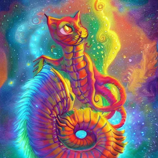 Prompt: autistic bisexual cat seahorse shapeshifter, long haired humanoid weirdcore voidpunk fursona, detailed coherent painterly full body character design, digital art by delphin enjolras, wlop, louis wain, lisa frank, furaffinity, cgsociety, trending on deviantart