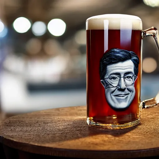 Prompt: stephen colbert face in irish beer mug, 8 k, ultra realistic details