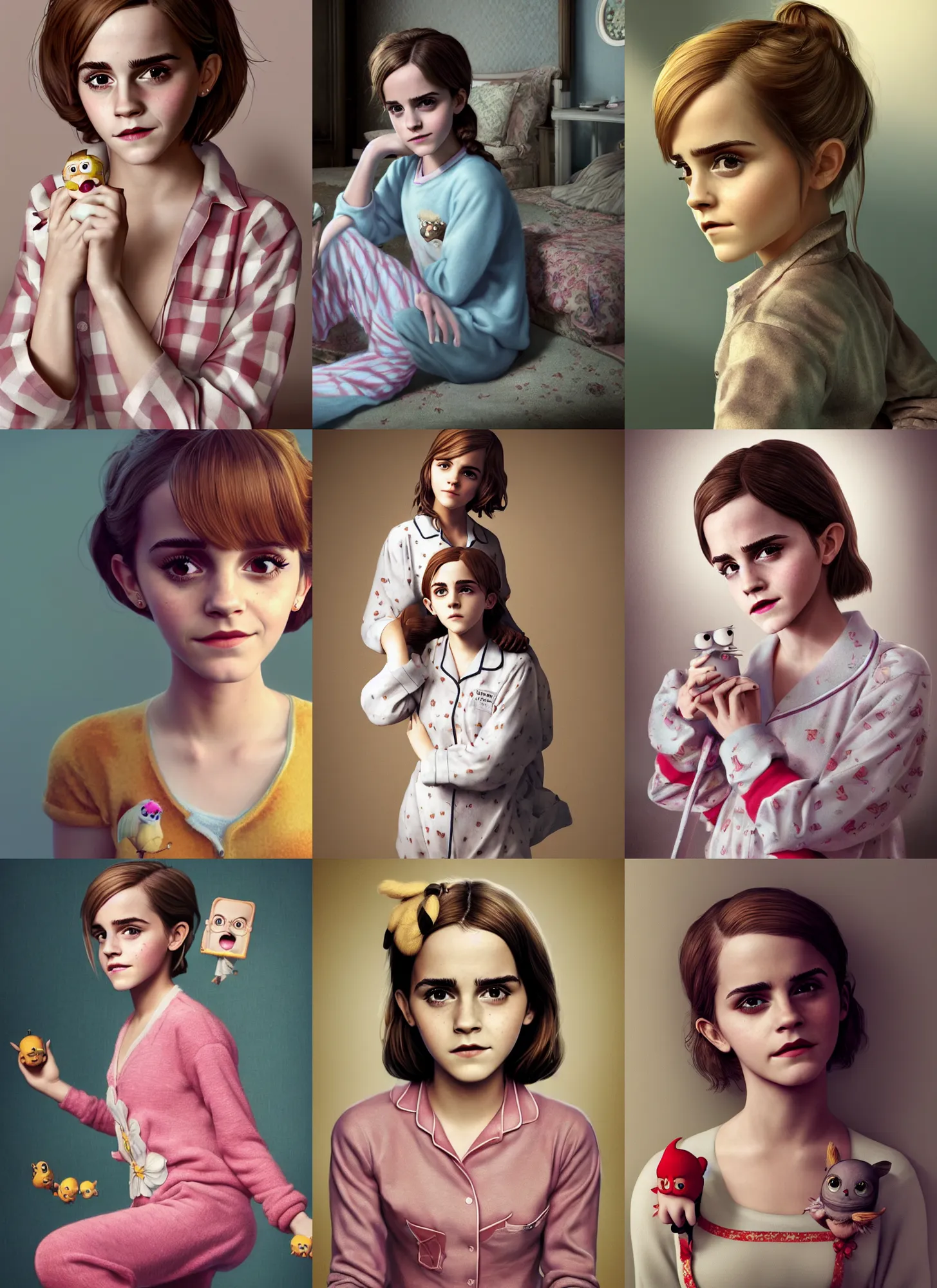 Prompt: very beautiful portrait of an extremely cute and adorable very beautiful emma watson wearing pajamas, character design by mark ryden and pixar and hayao miyazaki, unreal 5, daz, hyperrealistic, octane render, cosplay, rpg portrait, dynamic lighting, intricate detail, fall vibrancy, cinematic