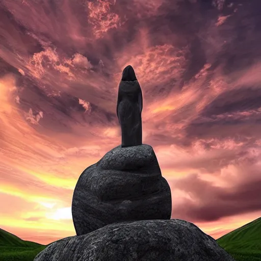 Prompt: a giant stone statue of the lambda symbol, epic sunset skies in the background, highly detailed digital art by jullie bell