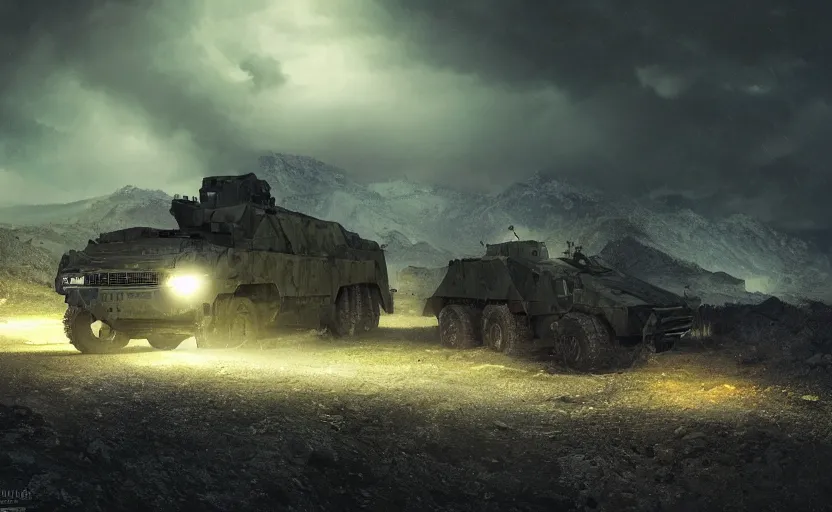 Image similar to a military vehicle in the mountain at night by Paul Chadeisson, blue headlights, dark image, stormy weather, landscape, military outpost, spotlights, atmospheric, artstation, concept art, illustration, sharp focus, high detail, octane render, intimidating