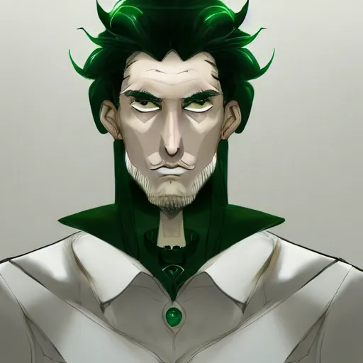 Prompt: Concept art of a man with dark green hair, with pupils that look like clocks, the master of time, trending on artstation, anime